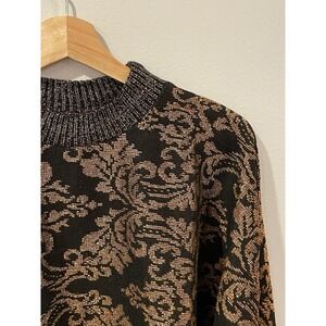 Vintage 80s Allura Sweater Women's Large Black Gold Metallic Floral USA Made